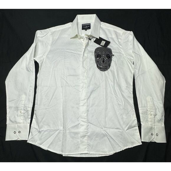 NWT Barabas Men's LS White Black Skull Print Button Up Dress Shirt - Size M - Picture 1 of 9